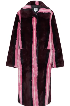 Jakke Kelly Burgundy Stripe Long Faux Fur Coat* Coats