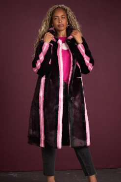 Jakke Kelly Burgundy Stripe Long Faux Fur Coat* Coats