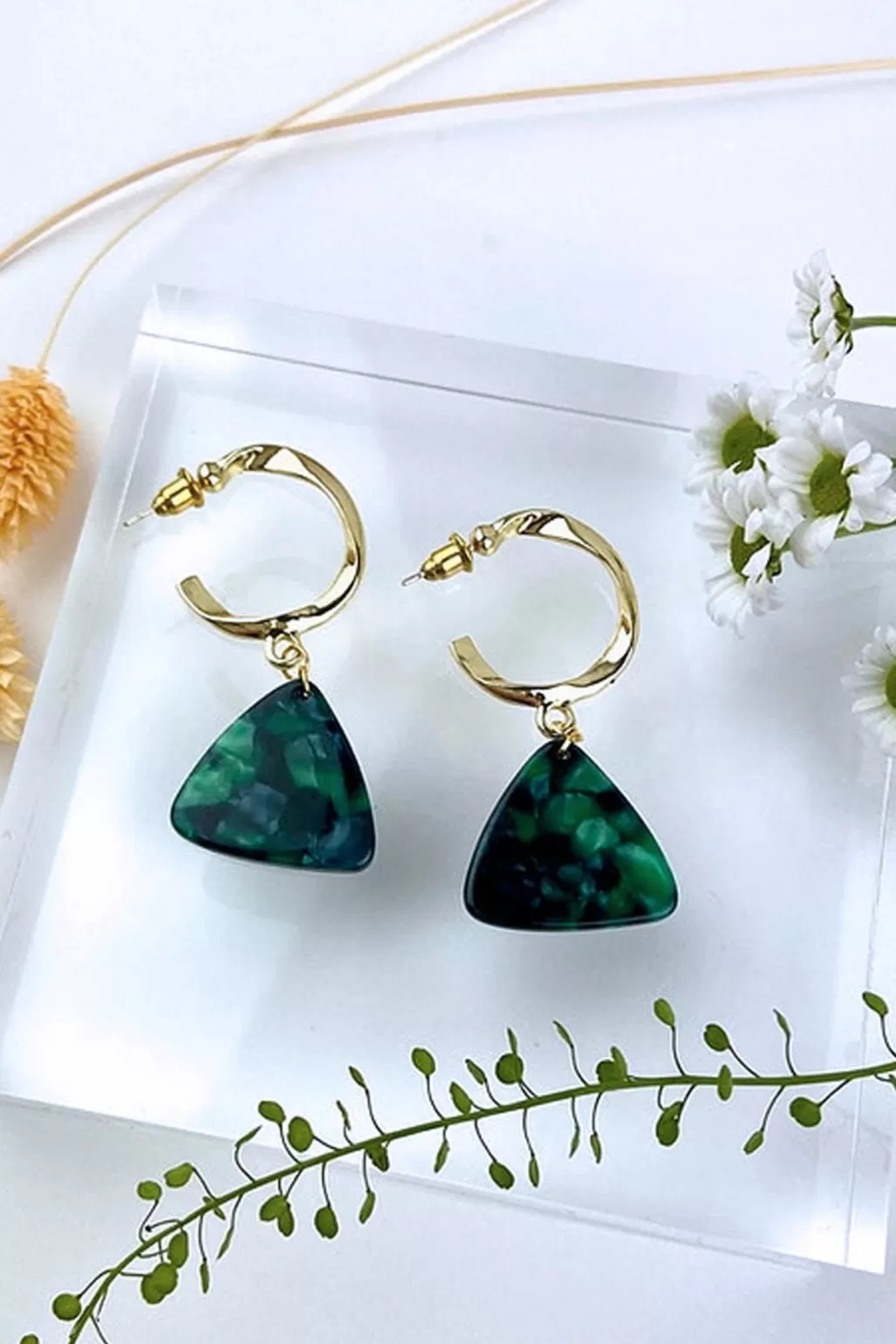 ALOË Chunky Bottle Green Triangular Dangle Studs