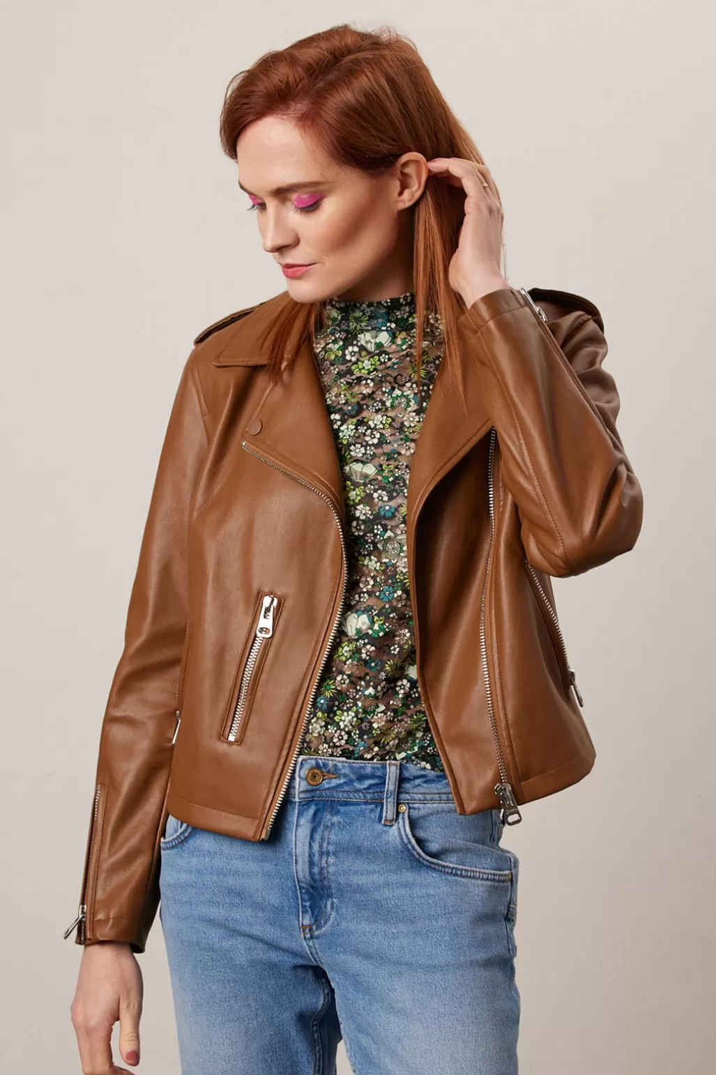 Jakke Beau Chocolate Brown Faux Leather Biker Jacket