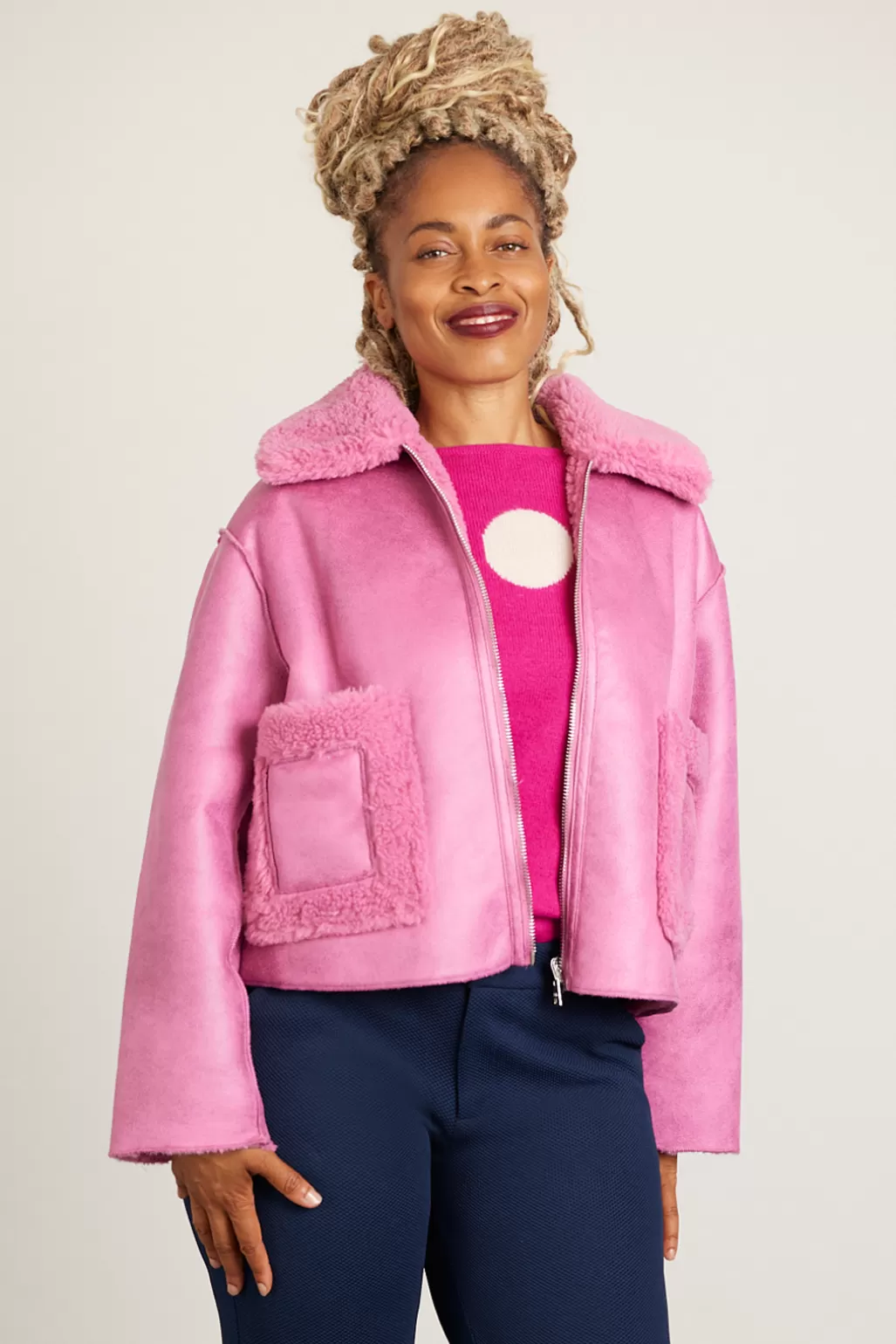 Jakke Vera Bubblegum Pink Faux Shearling & Leather Reversible Coat