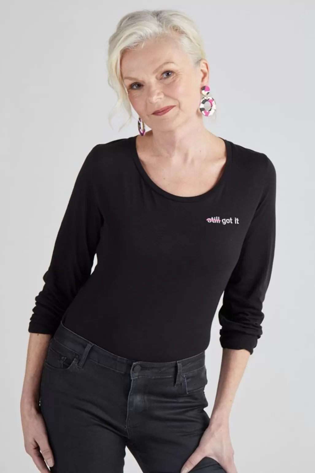 The Bias Cut Strike Out Ageism Charity Black Long-Sleeved T-Shirt (3 Slogan Options)