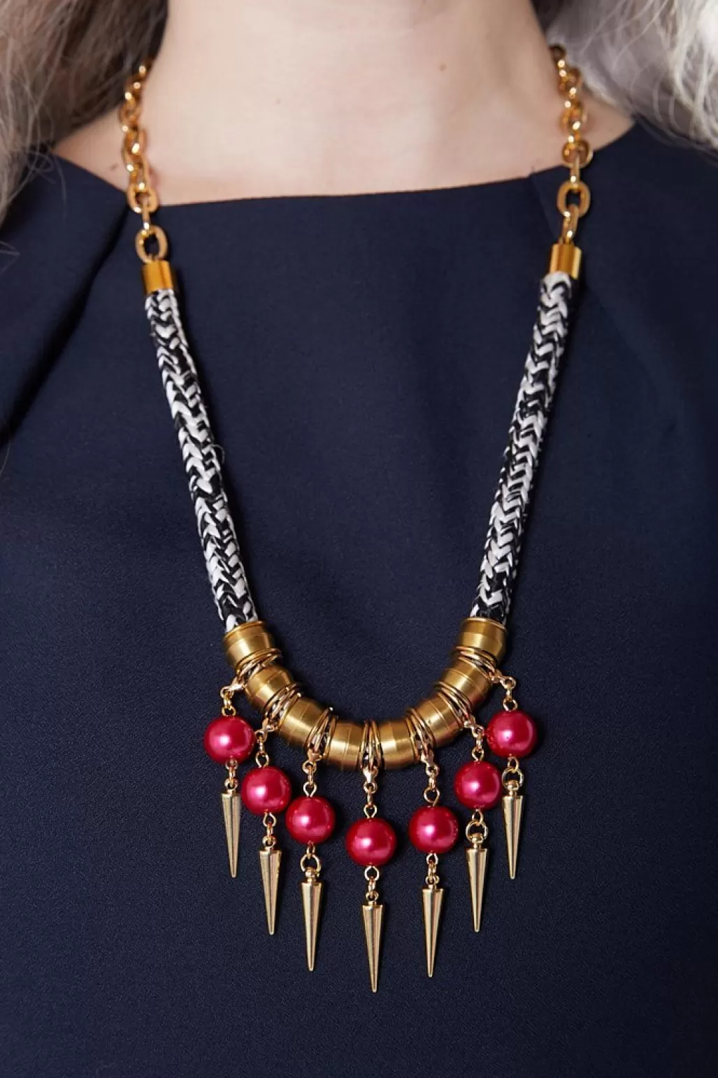 Dark Horse Ornament Strike Out Ageism Charity Crystal Pink Pearl & Gold Plated Spikes Statement Necklace