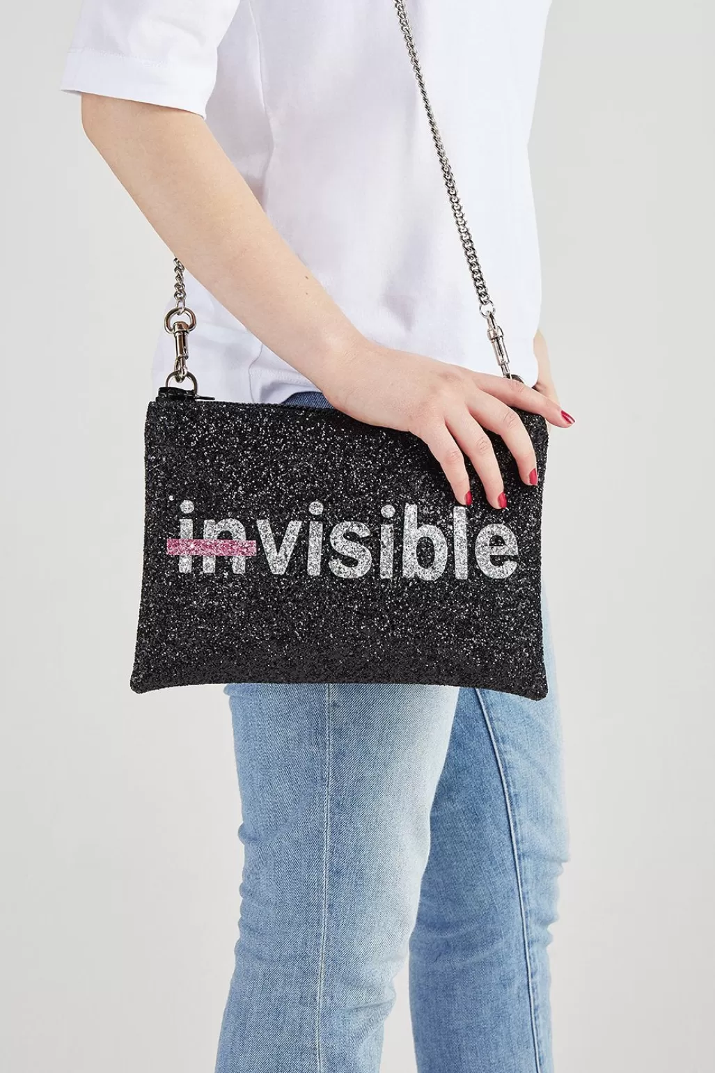 I KNOW THE QUEEN Strike Out Ageism Charity Glitter Reversible Clutch / Crossbody Bag