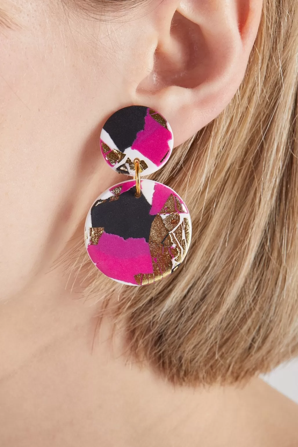 No Shrinking Violet Strike Out Ageism Charity Pink, Black & Gold Medium Earrings